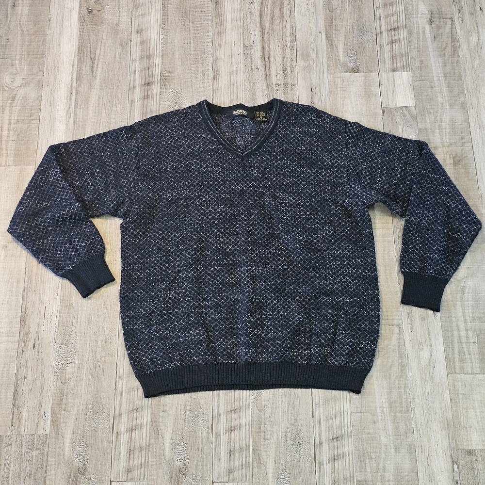 BACHRACH Made In Italy Mens Sweater V Neck Sweater Black and White 55% Wool